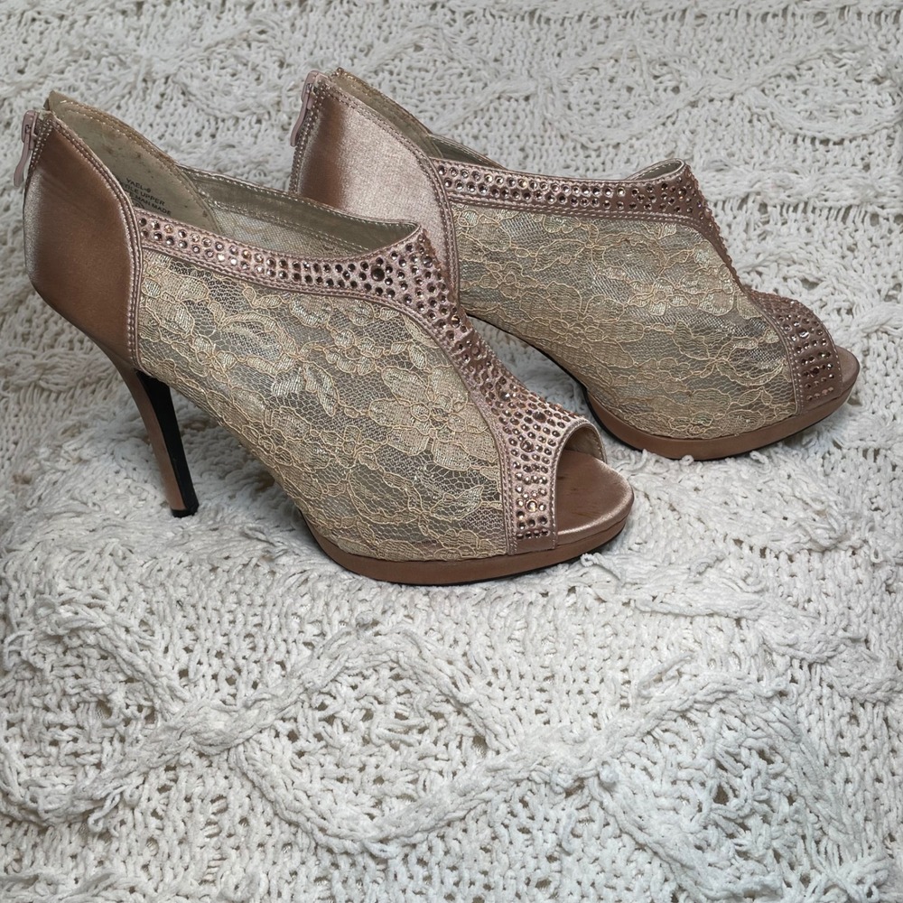 SNJ Yael-6 Rose Gold Lace Rhinestone Peep Toe Platform Bootie‎ Heels Size 10 - Picture 5 of 11